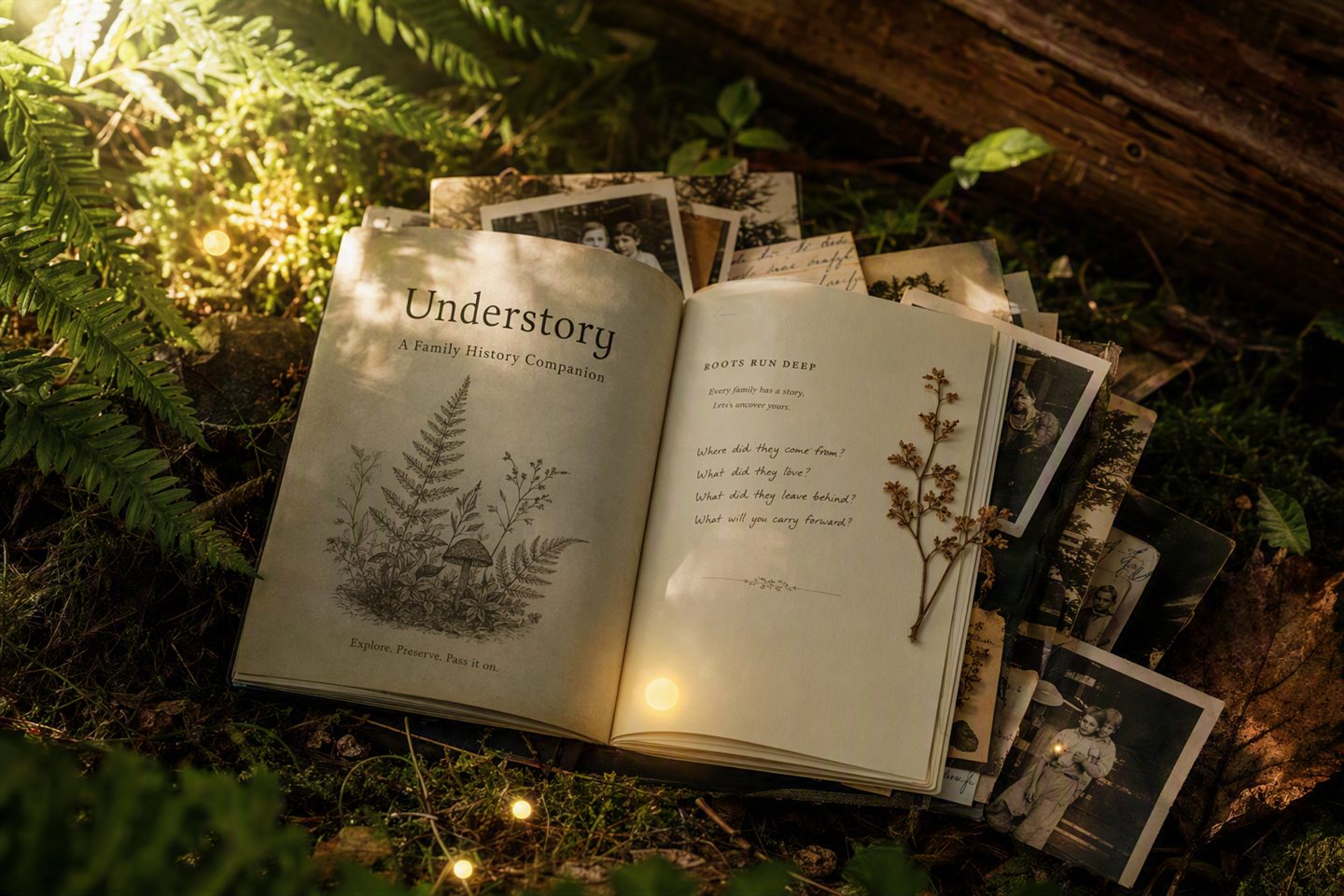 An open family storybook surrounded by ferns, keepsake photographs, and warm woodland light.